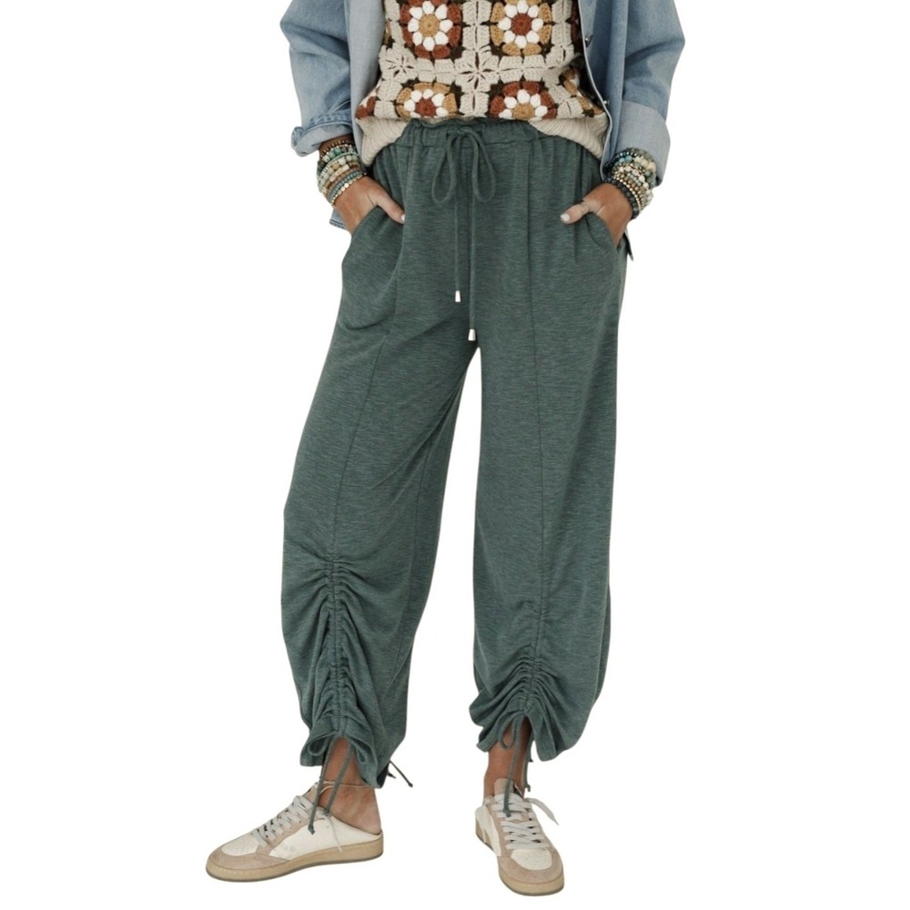 Three Bird Nest Solie Cinched Pants Green Grey Ruched Boho Wide Leg Cozy Medium